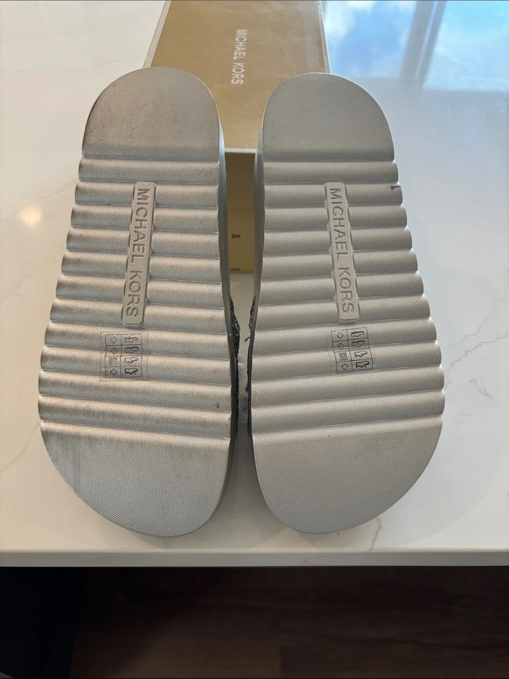 Michael Kors Silver Crystal Embellished Slide Sandals